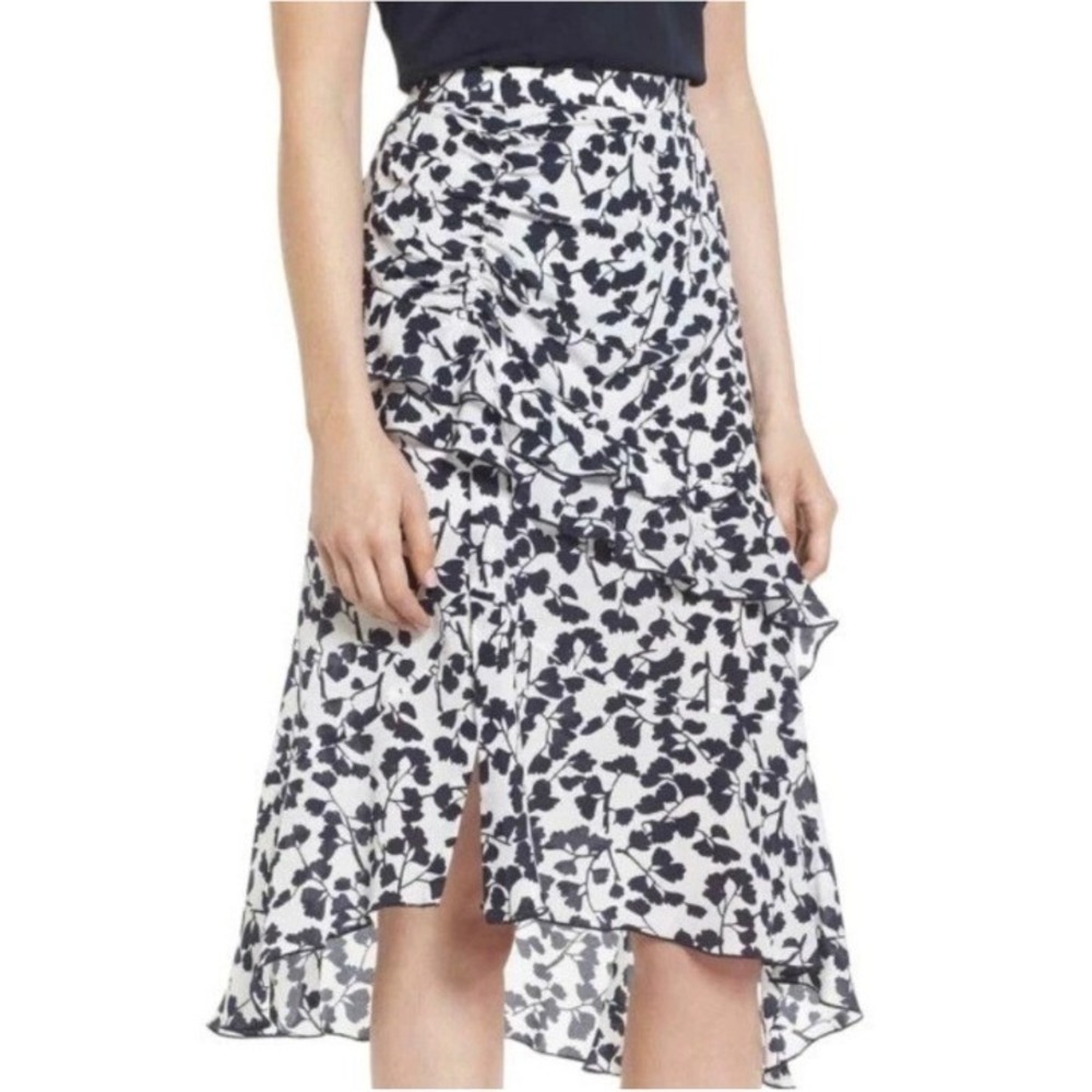 Lewit Silk Midi‎ Skirt Black White Floral Ruffle Asymmetrical Designer Size 8